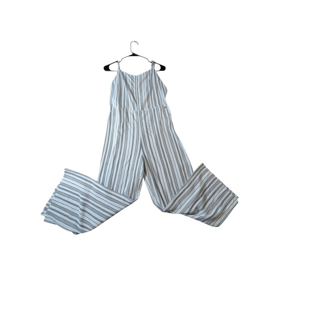 Roxy Striped Wide Leg Jumpsuit Womens Medium Grey White Lace Trim Beachy NWT